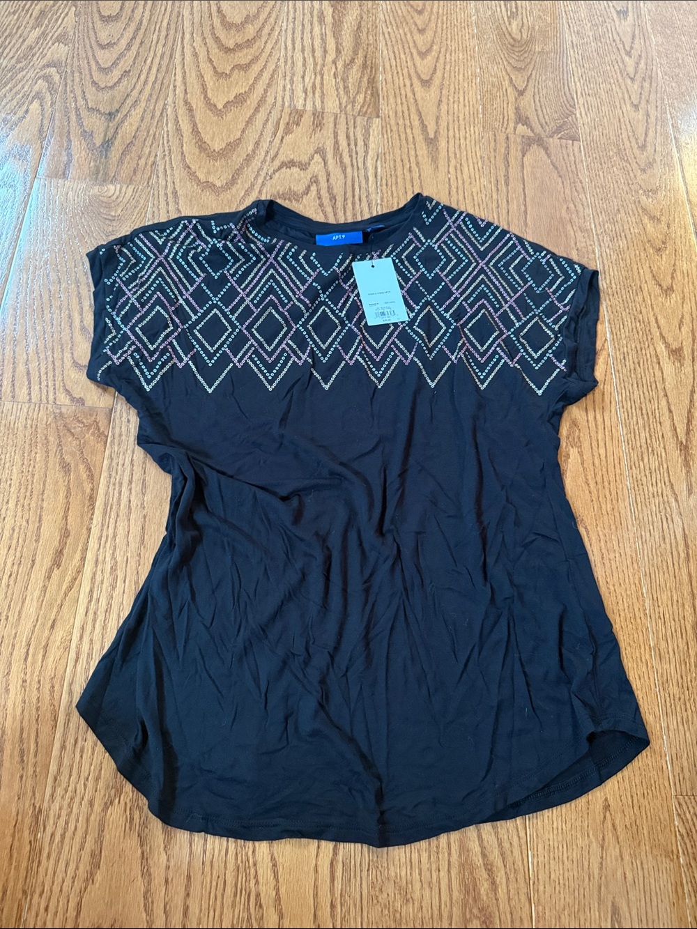 Apt. 9 Black Short-Sleeve Top with Multicolor Beaded Geometric Yoke